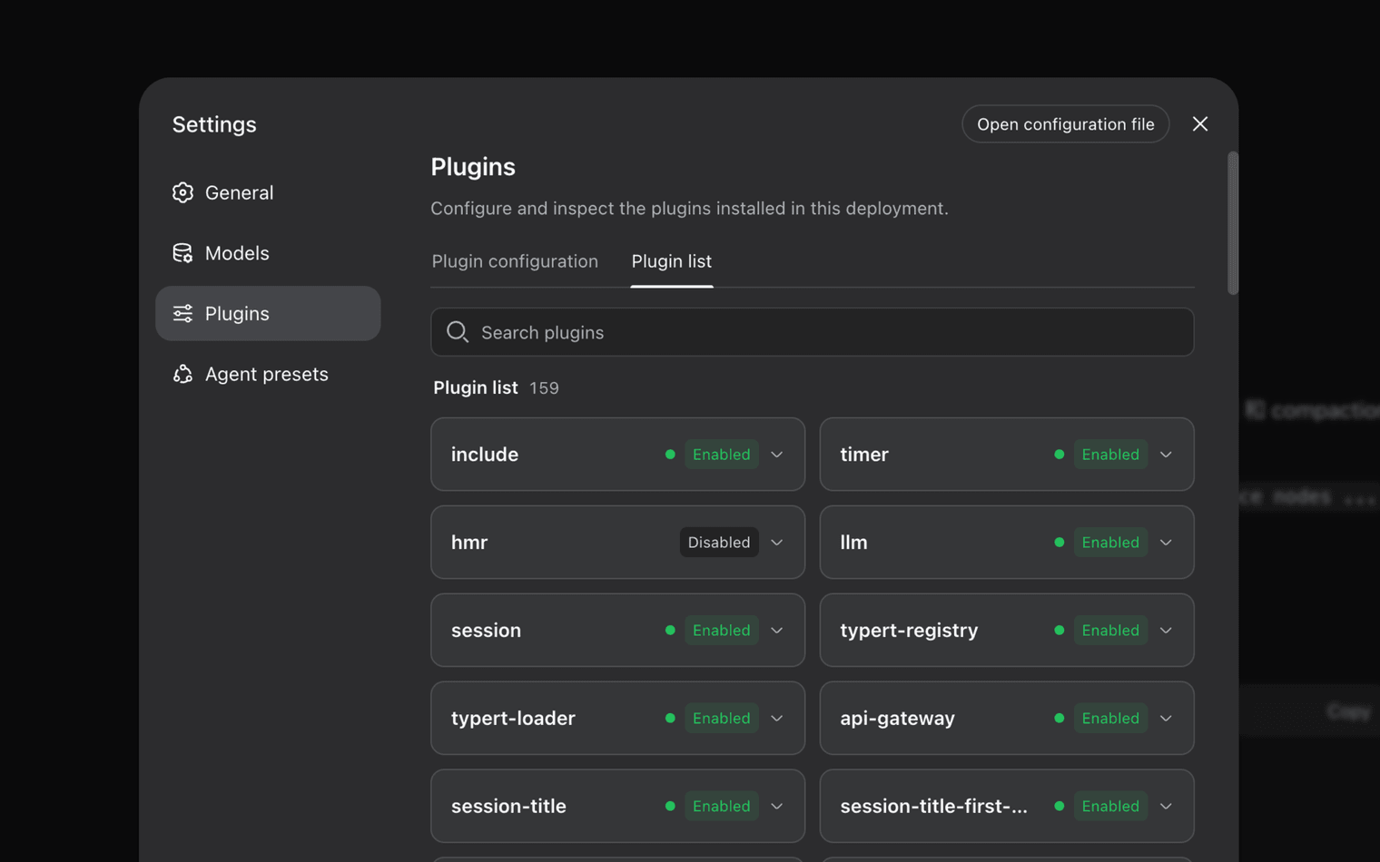 Web UI Settings Plugins table listing 159 installed rows such as llm, session, and api-gateway